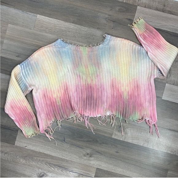 Skylar + Madison Tie Dye Distressed Crop Sweater Medium Reversible Fringe Grunge - Picture 11 of 16